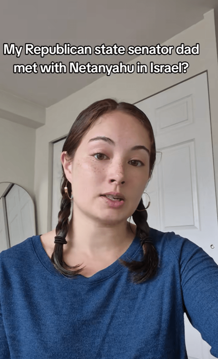 A woman with braided hair talking to the camera. Text overlay reads, "My Republican state senator dad met with Netanyahu in Israel?"