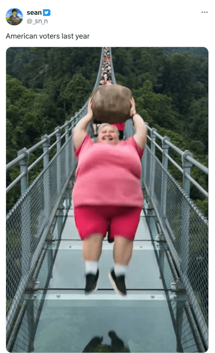 Tweet that reads, "American voters last year" with a still of the woman from the video.