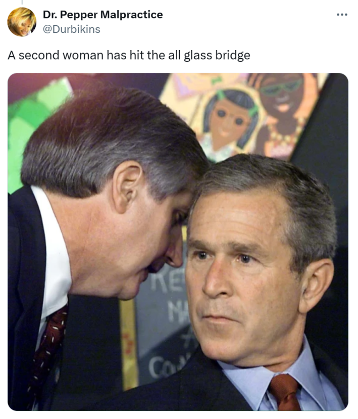 Tweet that reads, "A second woman has hit the all glass bridge" with the image of President Bush receiving the news about the Twin Towers.