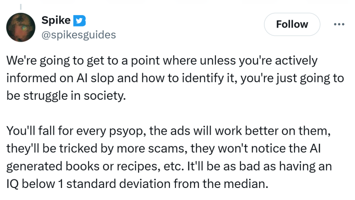 Tweet that reads, "We're going to get to a point where unless you're actively informed on AI slop and how to identify it, you're just going to be struggle in society. You'll fall for every psyop, the ads will work better on them, they'll be tricked by more scams, they won't notice the AI generated books or recipes, etc. It'll be as bad as having an IQ below 1 standard deviation from the median."