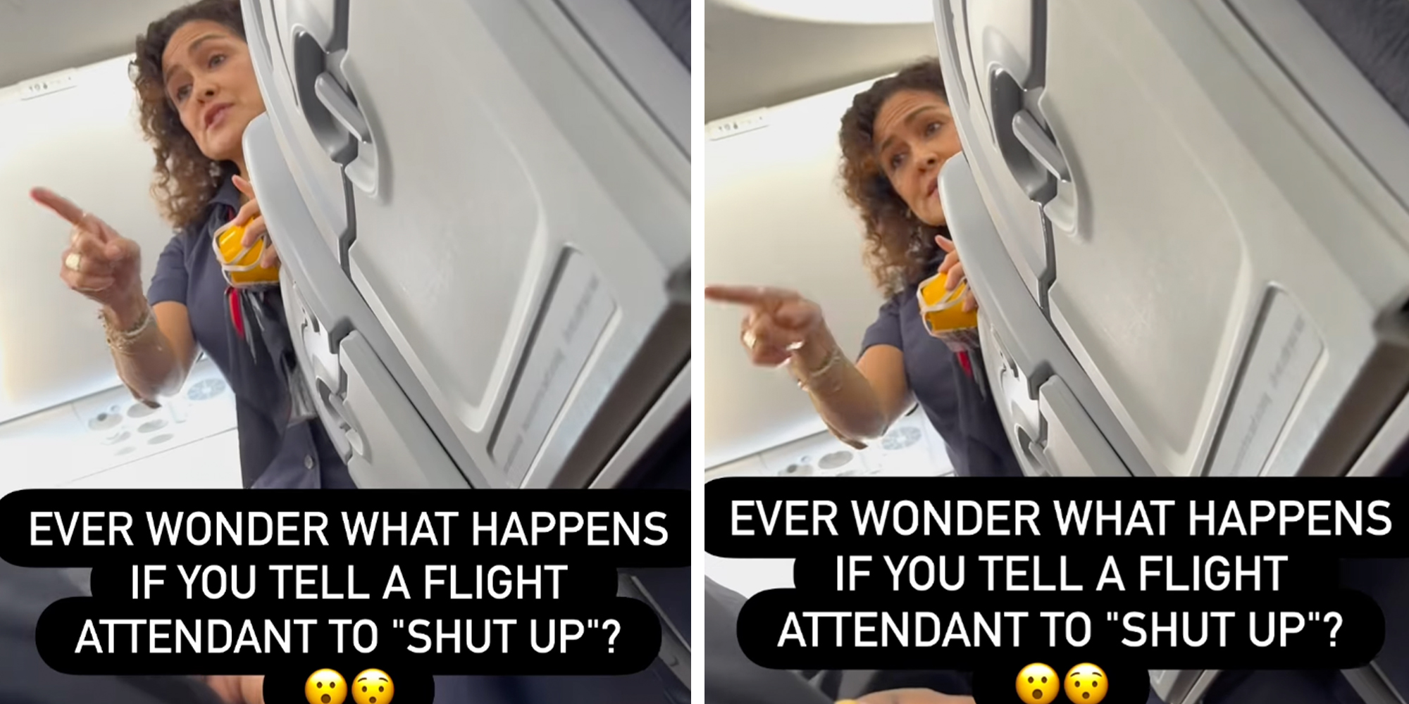 American Airlines flight attendant pointing at unruly passenger, caption overlay reads: "Ever wonder what happens when you tell a flight attendant shut up?"
