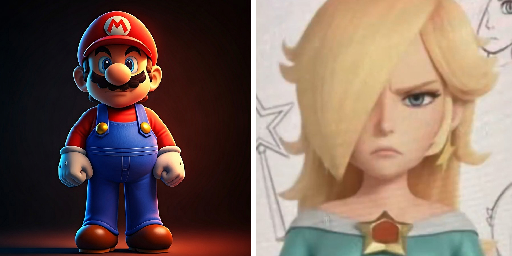 Left: 3d render of super mario, isolated on black backround, red yellow and blue lights silhouette. Right: Angry Rosalia meme from Super Mario Brothers.