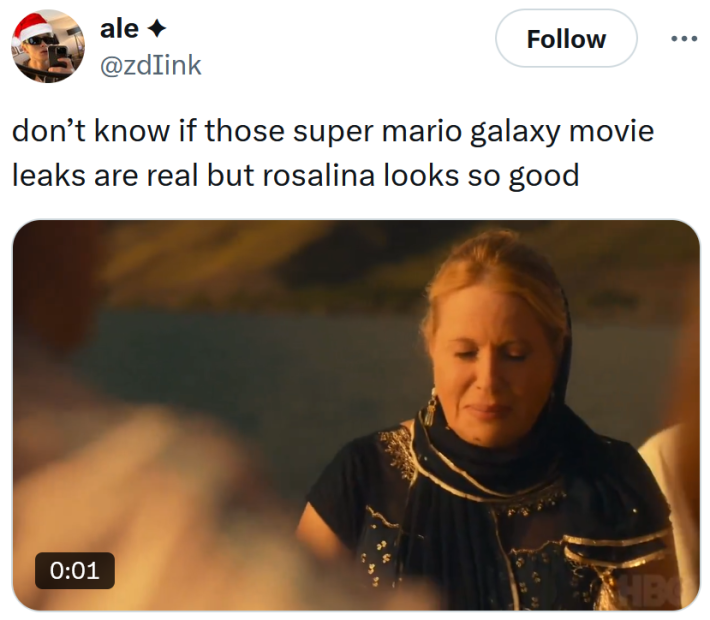 Tweet reading "don’t know if those super mario galaxy movie leaks are real but rosalina looks so good" with a gif of a woman praying.