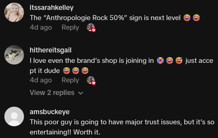 TikTok comments including one reading "I love even the brand’s shop is joining in, just accept it dude"