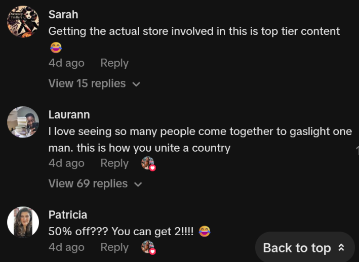 TikTok comments including one reading "Getting the actual store involved in this is top tier content"