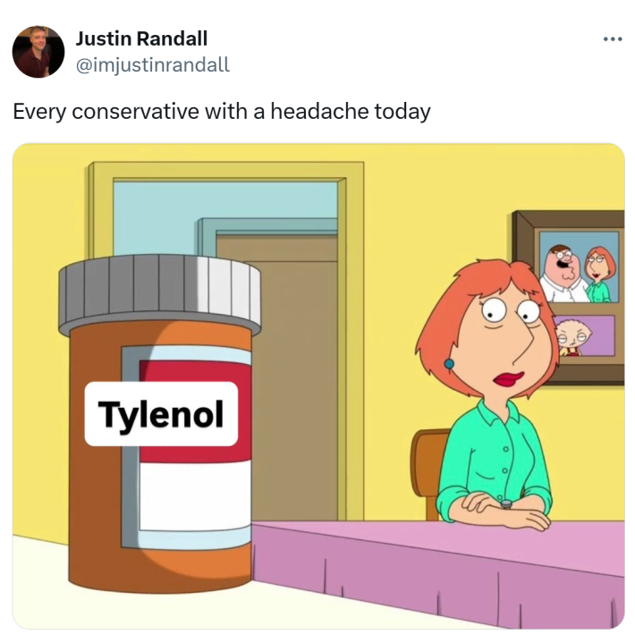 Tweet that reads, "Every conservative with a headache today" with the meme of Lois Griffon staring at a bottle of Tylenol.