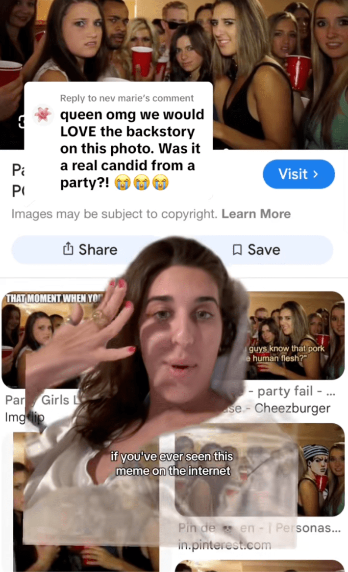 Greenscreen of a woman over the Awkward Party reaction meme google image search. She is responding to a comment that reads, "queen omg we would LOVE the backstory on this photo. Was it a real candid from a party?!"