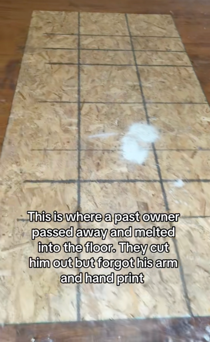 Snyder shared a clip that showed where the previous homeowner died on the floor. The video’s onscreen text read, “This is where a past owner died and melted into the floor. They cut him out but forgot his arm and hand print.”