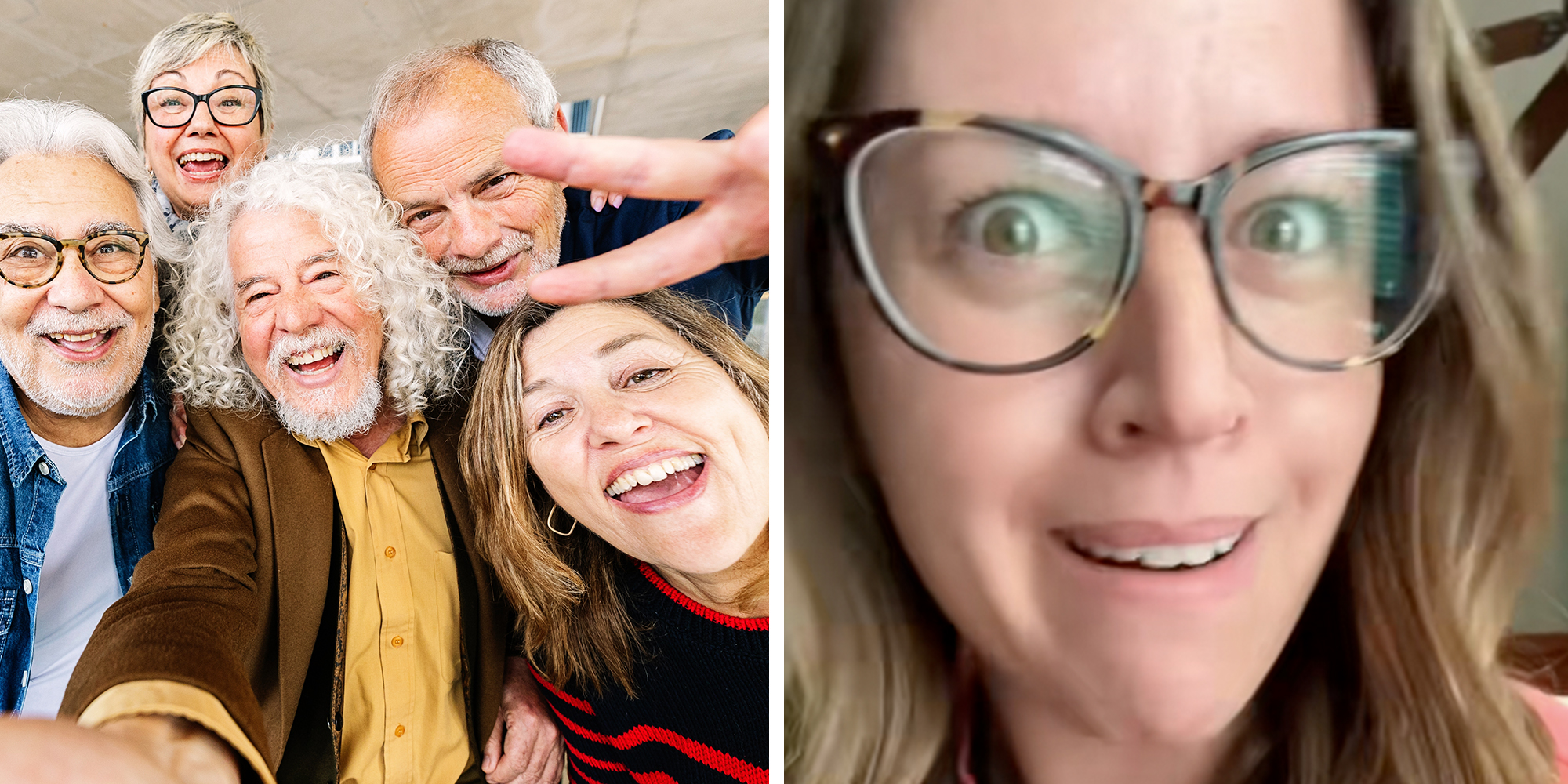 Left: Joyful portrait of senior group of retired people enjoying time together taking selfie photo with phone. Right: Woman in glasses looking into the camera with a skeptical expression.