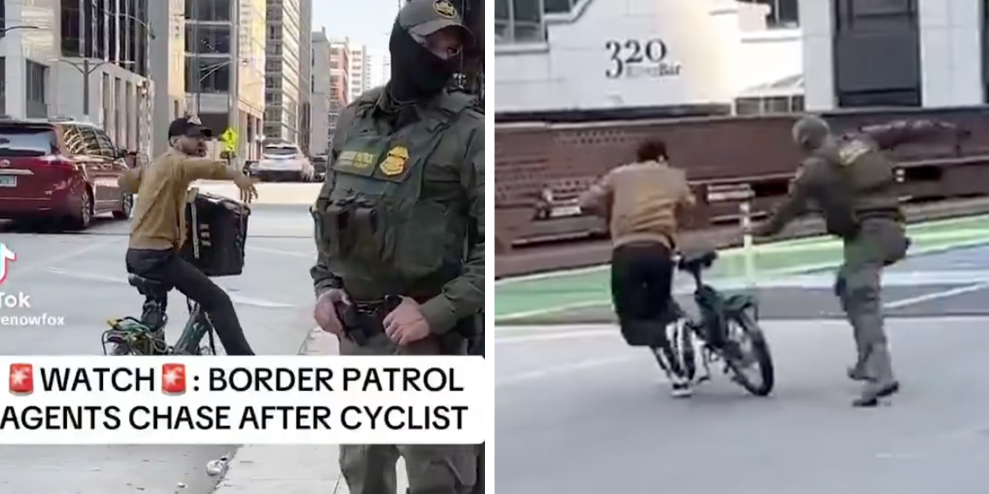 Deliveryman on a bicycle on a street in Chicago taunting Border Patrol agents.