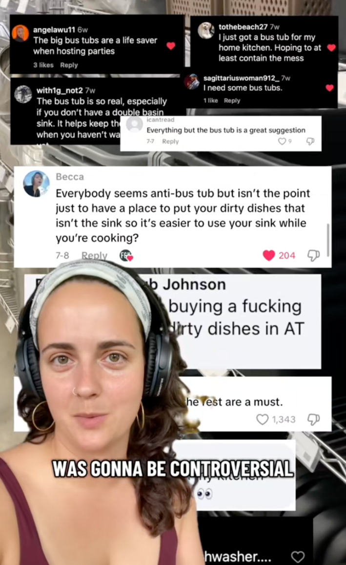 A woman wearing headphones in front of a green screen image of bus bins, the image covered with comments from people for or against bus bins.