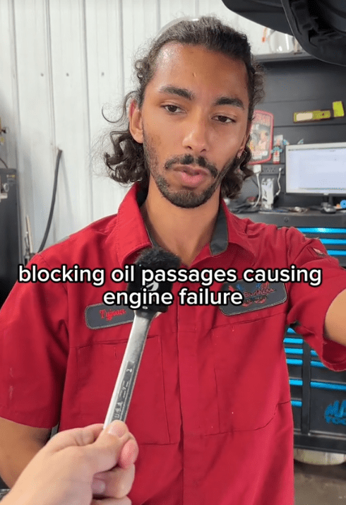 TikTok video of an Eich Brothers Automotive mechanic talking about wet belt system issues.