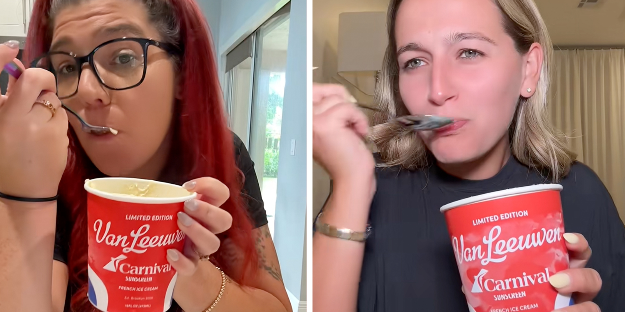 Left: Woman with dyed red hair and glasses trying the Carnival Cruise Line and Van Leeuwen sunscreen flavored ice cream. Right: Blonde woman trying the Carnival Cruise Line and Van Leeuwen sunscreen flavored ice cream.