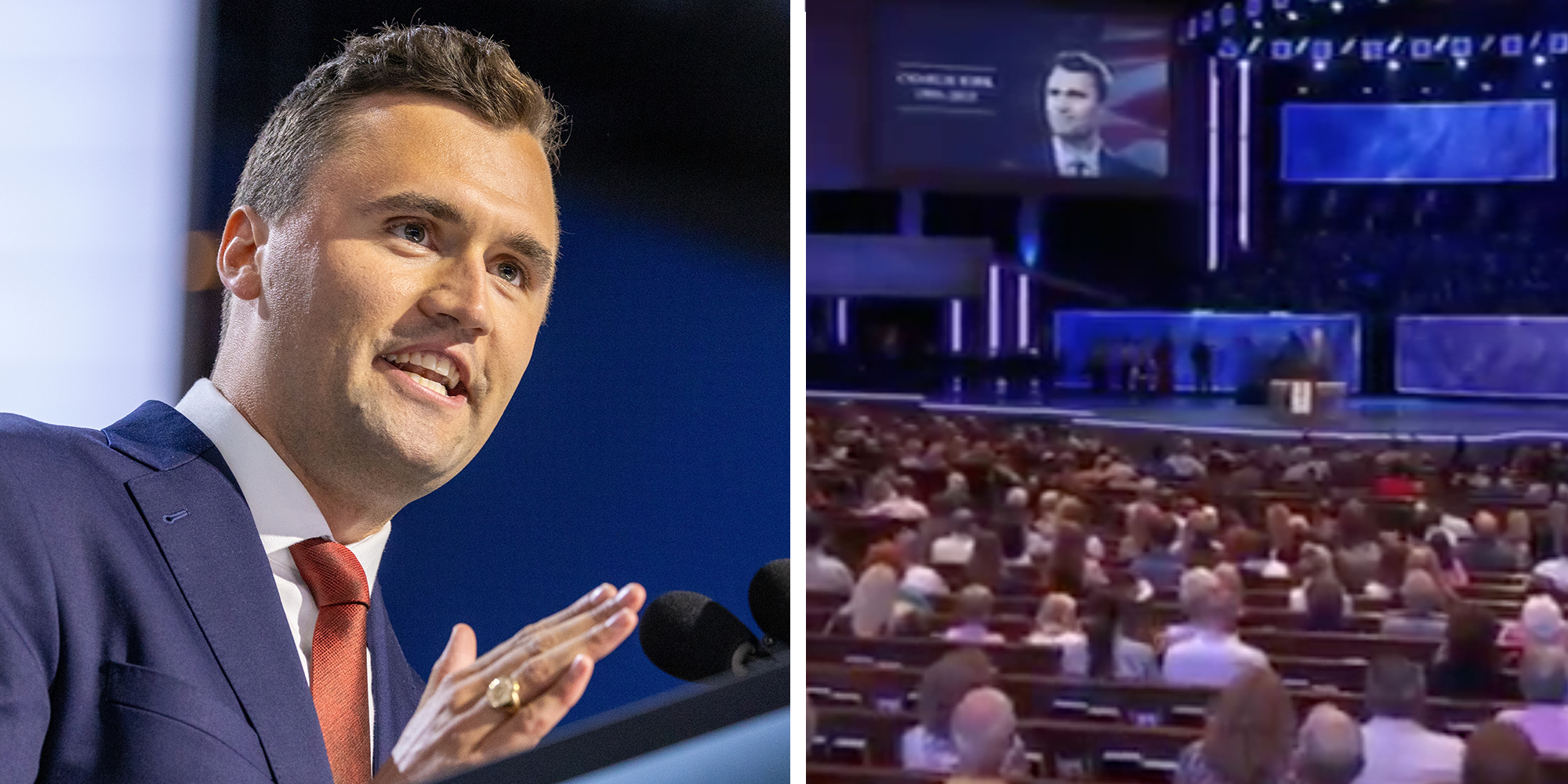 Left: Turning Point USA CEO Charlie Kirk at the Republican National Convention. Right: Standing ovation in a Texas megachurch in response to Charlie Kirk AI generated sermon.