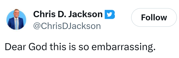 Tweet that reads, "Dear God this is so embarrassing."