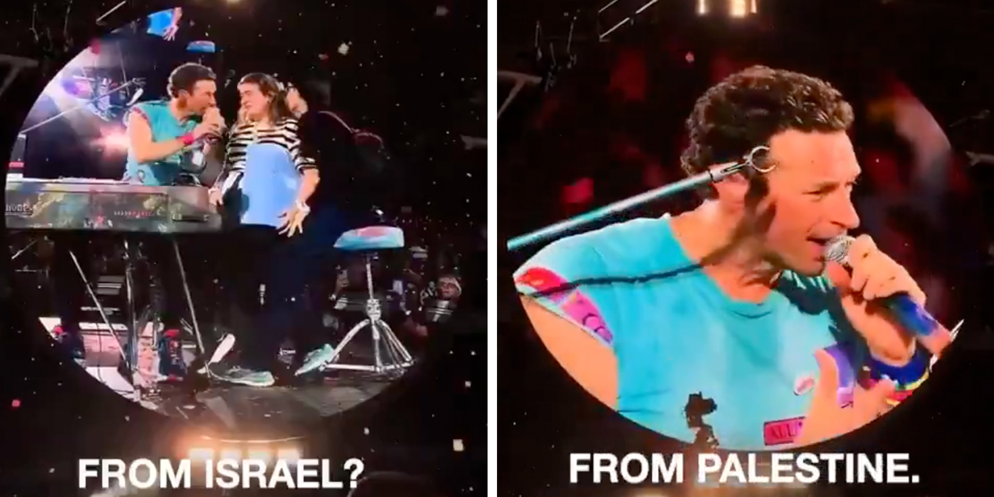 Chris Martin speaking into microphone at Colplday concert at Wimberley speaking to Israeli fans.