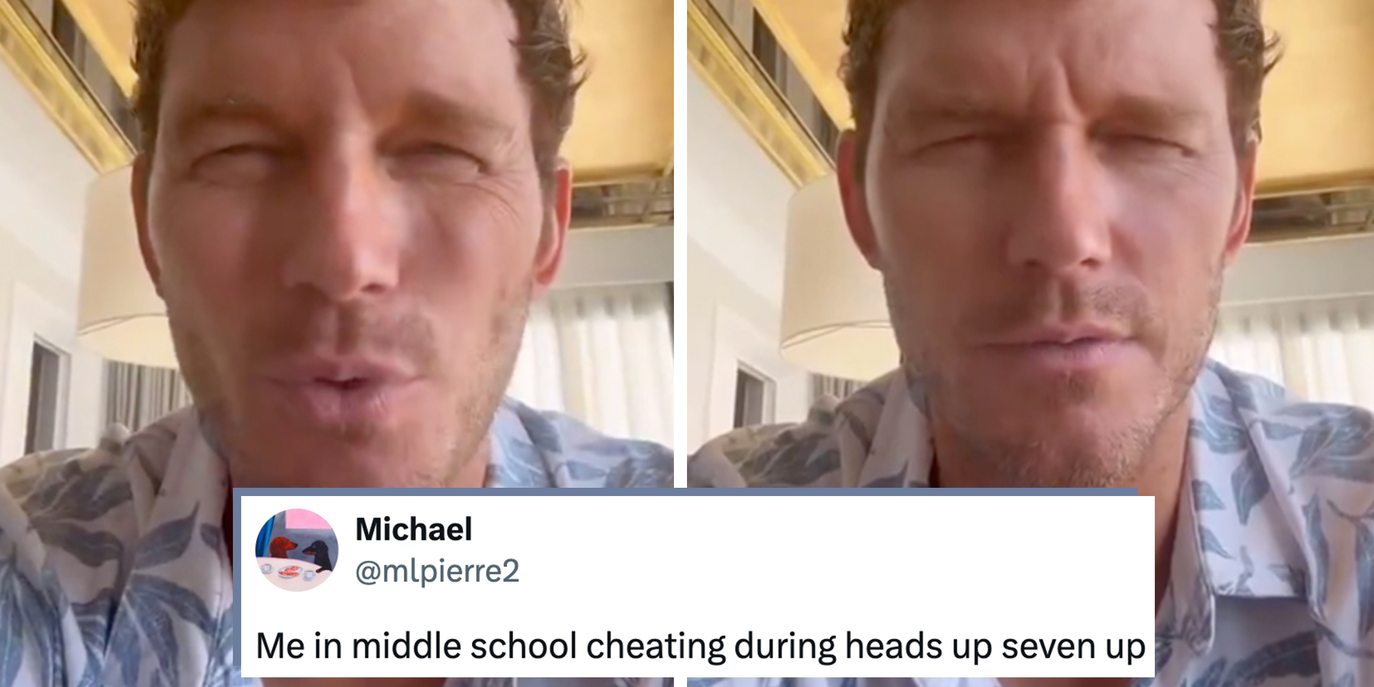 Chris Pratt squinting into the camera while leading a prayer. Tweet caption overlay reads, "Me in middle school cheating during heads up seven up."