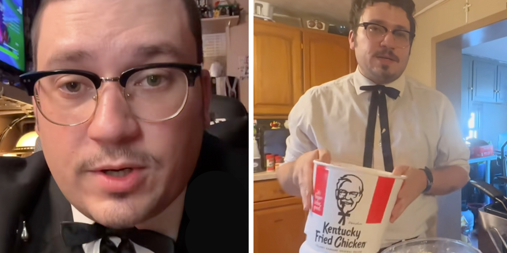 Left: Colonel Sanders Grandson looking into the camera. Right: Colonel Sanders Grandson holding a bucket of KFC.