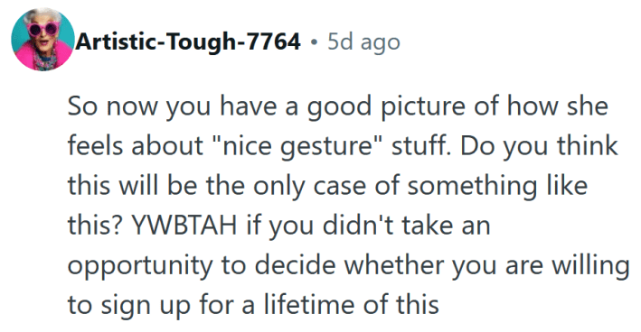 Reddit comment reading "So now you have a good picture of how she feels about "nice gesture" stuff. Do you think this will be the only case of something like this? YWBTAH if you didn't take an opportunity to decide whether you are willing to sign up for a lifetime of this"