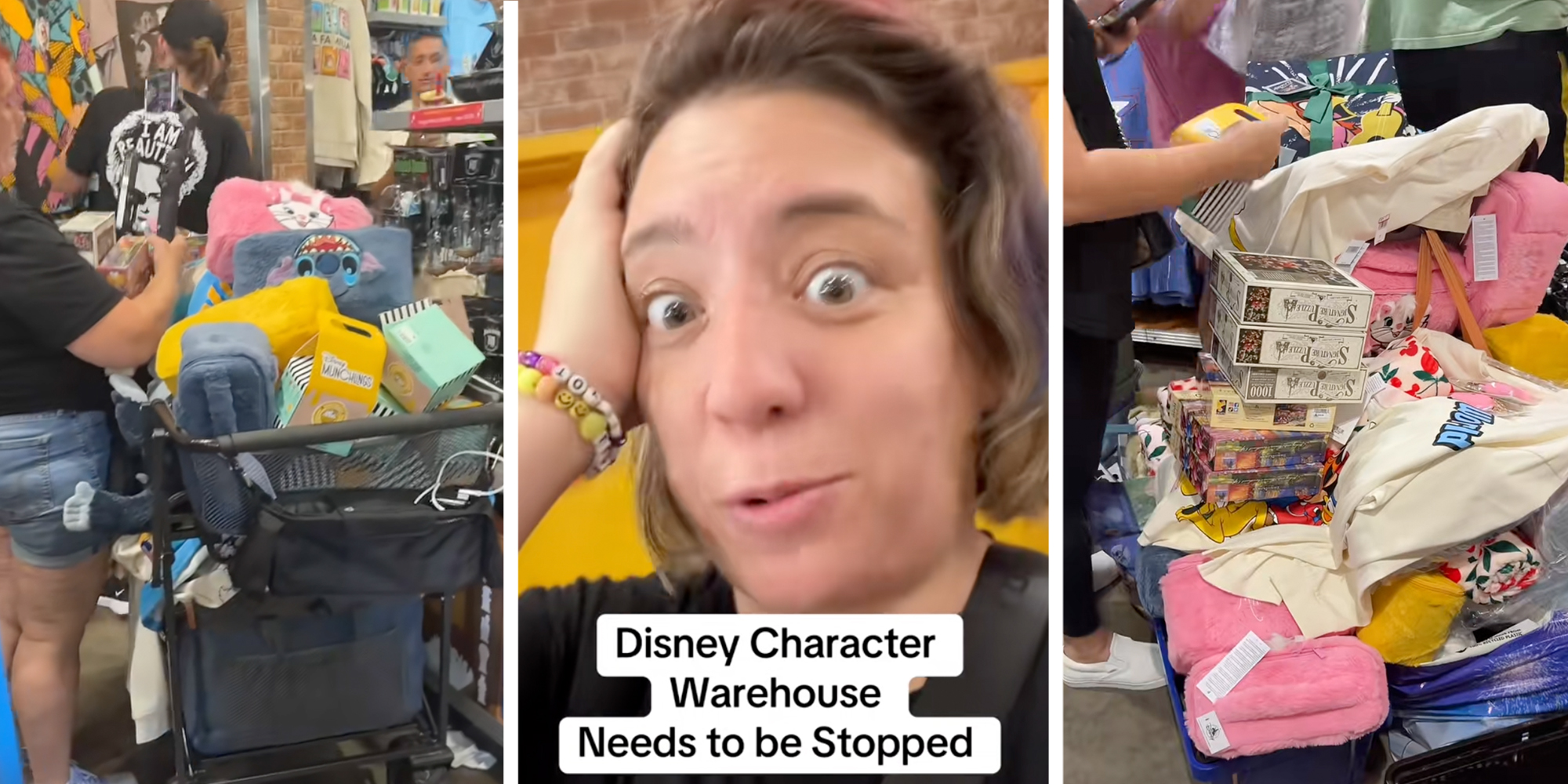 3 panel: Woman filming resellers livestreaming their bulk buys in the Disney Character Warehouse