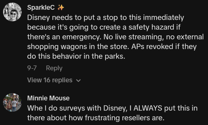 TikTok comments including one reading "Disney needs to put a stop to this immediately because it's going to create a safety hazard if there's an emergency. No live streaming, no external shopping wagons in the store. APs revoked if they do this behavior in the parks."