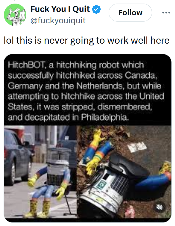 Tweet reading "lol this is never going to work well here" with a screenshot of a story about hitchBOT.