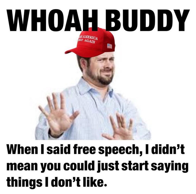 Meme of a man in a MAGA hat putting his hands up reading "WHOAH BUDDY, When I said free speech, I didn't mean you could just start saying things I don't like."