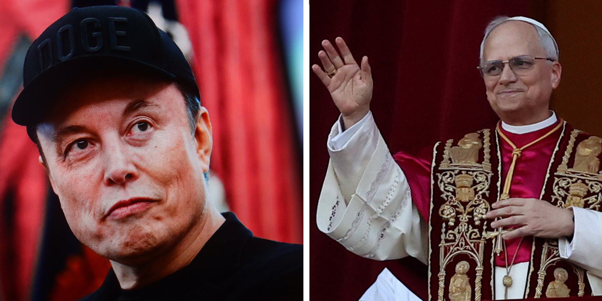 Left: Elon Musk in a black Doge hat. Right: Pope Leo XIV waving while standing on the central balcony of St. Peter's Basilica.