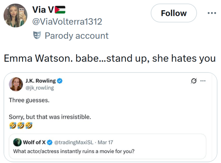 Tweet reading "Emma Watson. babe...stand up, she hates you" with a screenshot of a J.K. Rowling tweet.