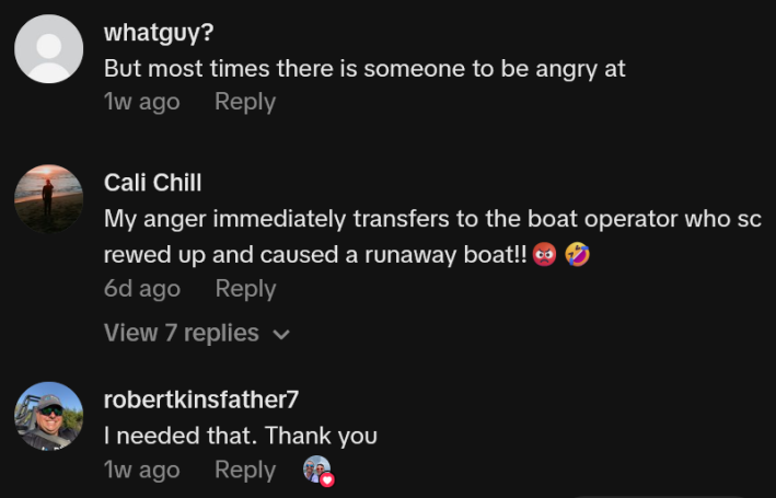 TikTok comments including one reading "My anger immediately transfers to the boat operator who screwed up and caused a runaway boat!!"