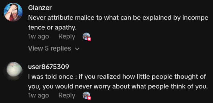 TikTok comments including one reading "Never attribute malice to what can be explained by incompetence or apathy."