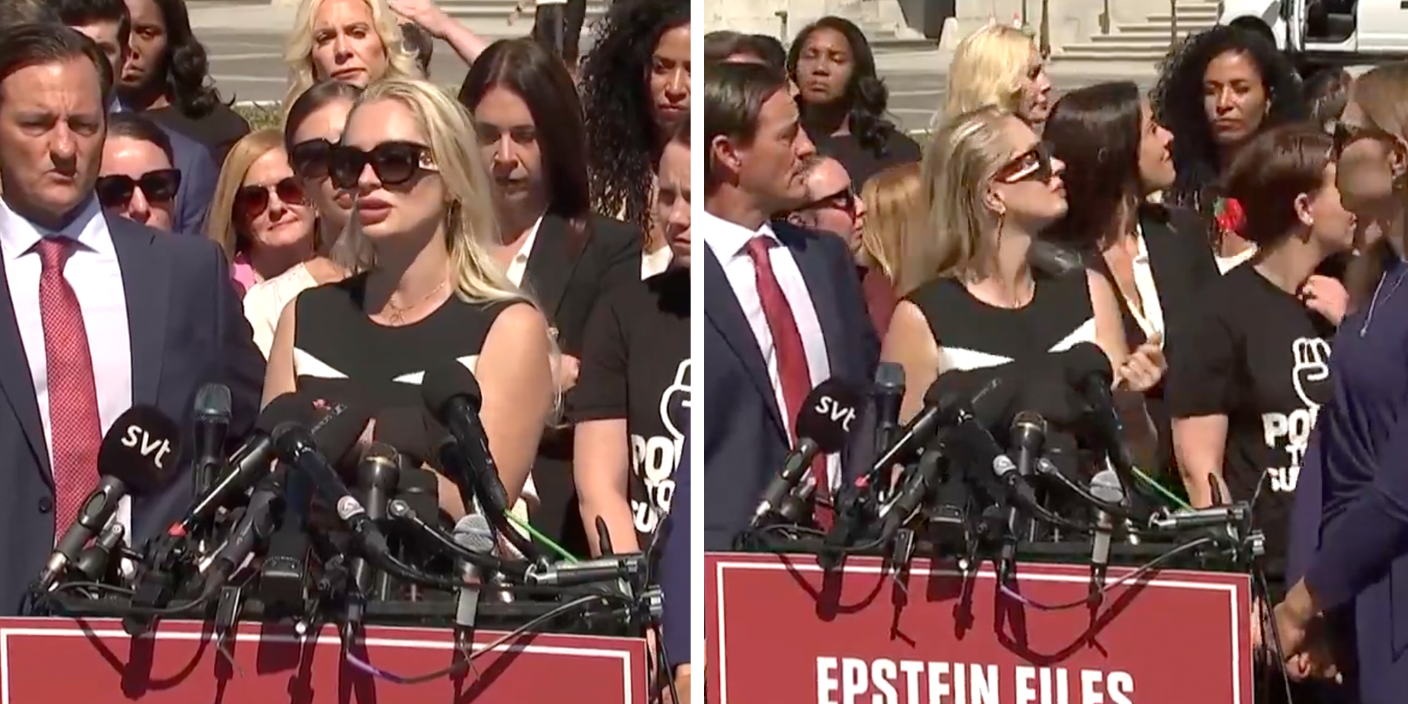 Jeffrey Epstein trafficking victims holding a press conference. Blonde survivor in glasses looks up at the sky during military flyover.