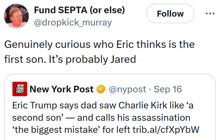 Tweet reading "Genuinely curious who Eric thinks is the first son. It’s probably Jared"