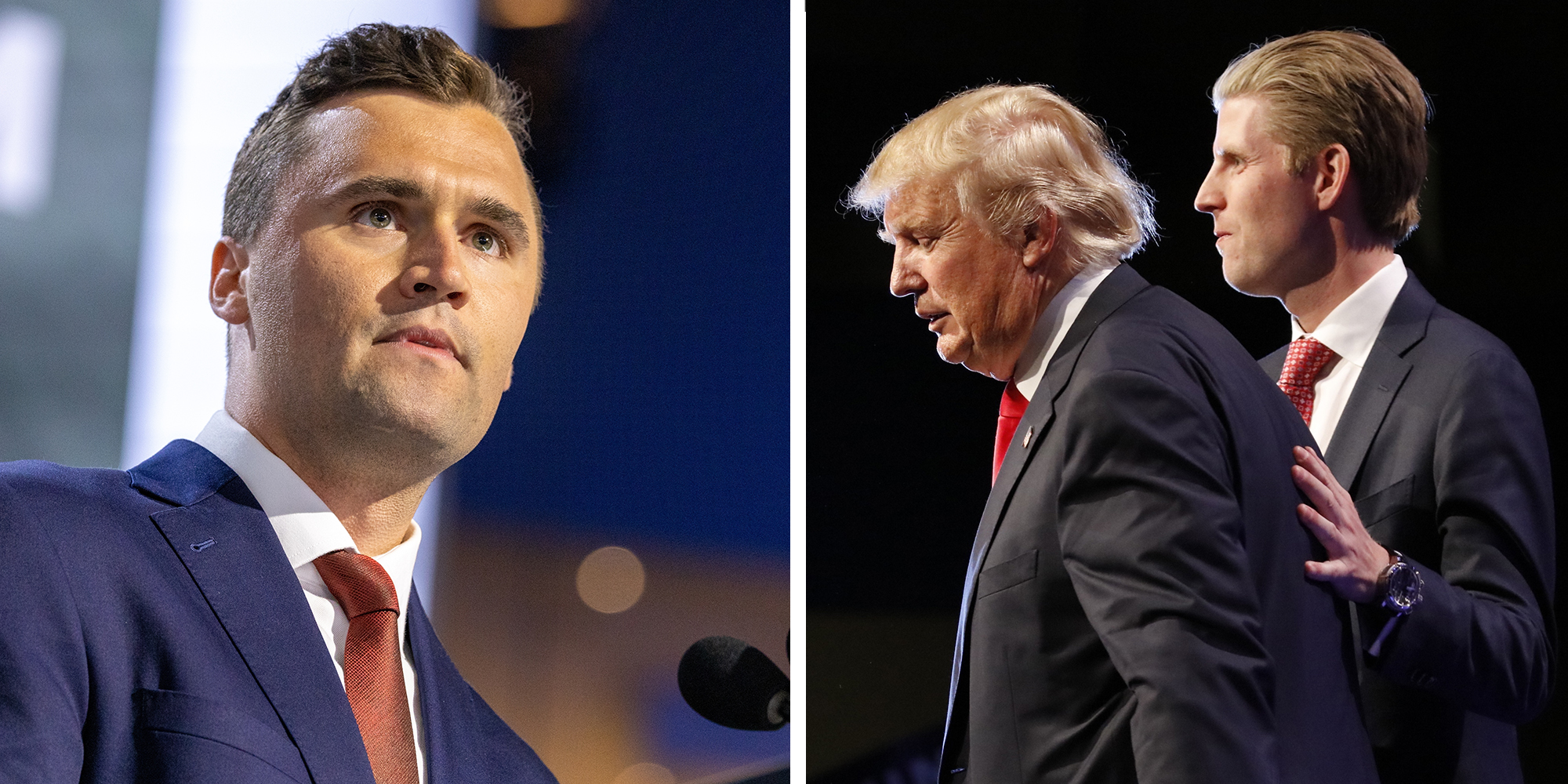 Left: Turning Point USA CEO Charlie Kirk at the Republican National Convention. Right: Republican presidential candidate Donald and his son, Eric Trump at campaign event at Westgate Las Vegas Resort, day before the CNN Republican Presidential Debate in 2015.
