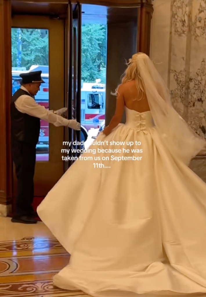 @kristin_schnacky/TikTok - bride crying in front of a fire truck with text "my dad couldn't show up to my wedding because he was taken from us on September 11."