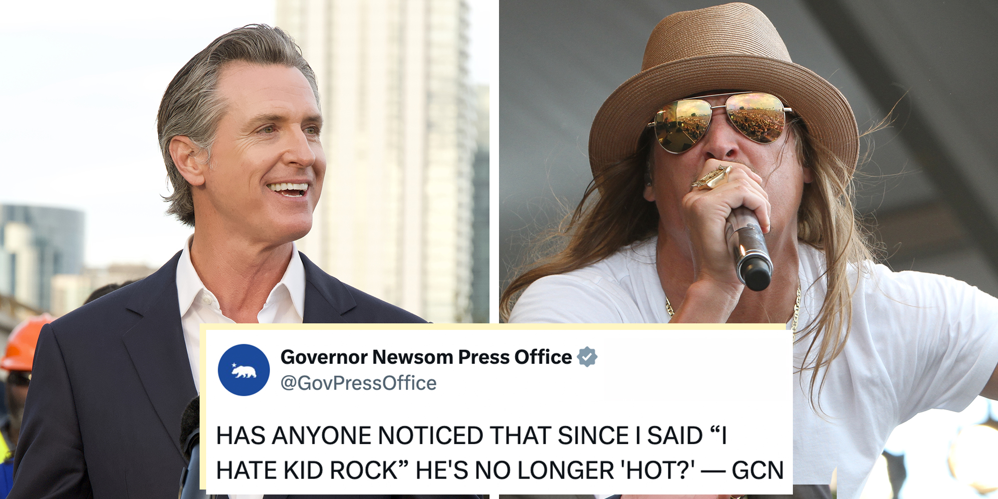 Left: Governor Gavin Newsom speaking about the Clean California project. Right: Robert James Ritchie, better known as Kid Rock, performs on stage at the 2011 New Orleans Jazz and Heritage Festival. Tweet overlay from the @GovPressOffice X account reads, ""HAS ANYONE NOTICED THAT SINCE I SAID “I HATE KID ROCK” HE'S NO LONGER 'HOT?' — GCN."