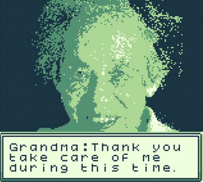 Stills from "Grandma" game - picture of Grandma with text "Grandma: Thank you for take care of me during this time."