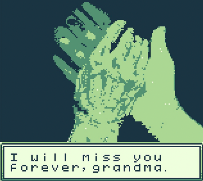 Stills from "Grandma" game, picture of Grandma washing hands with text "I will miss you forever, grandma."