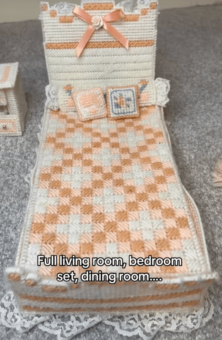 @jenelmore/TikTok, "full living room, bedroom set, dining room...." doll furniture bed