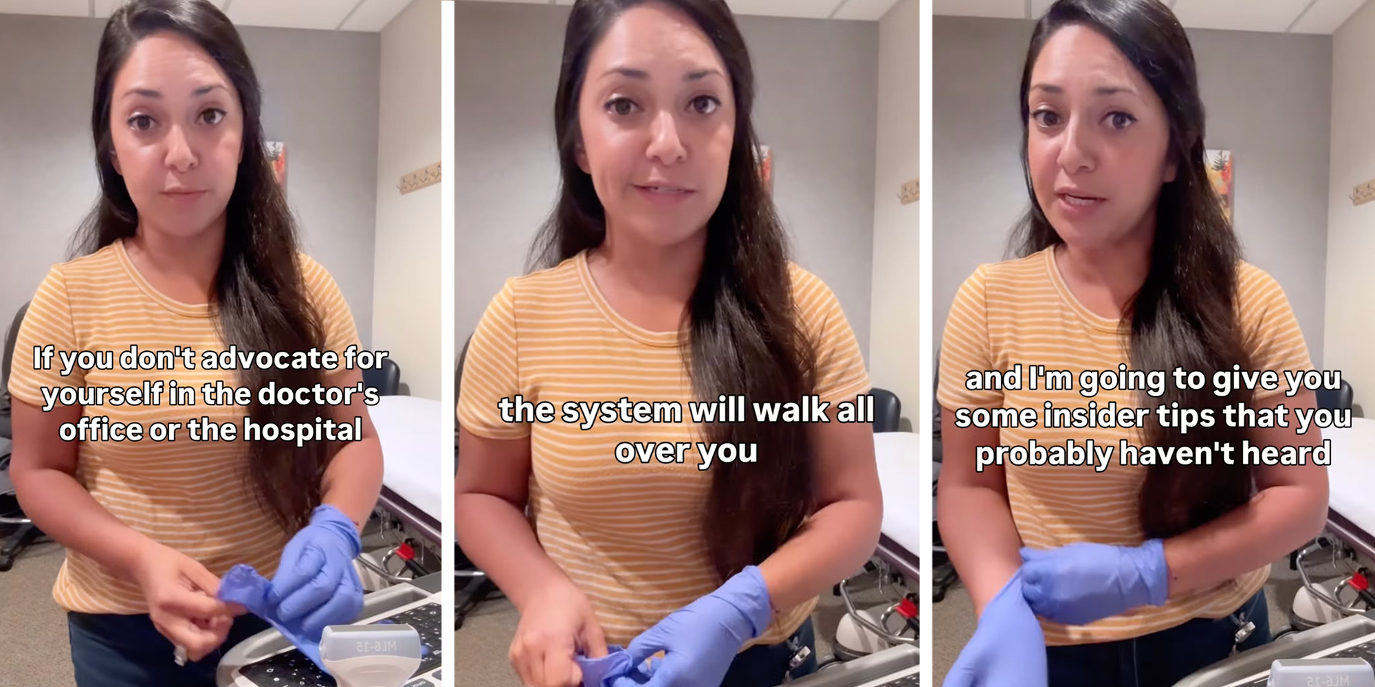 3 panel: Jasmine, an ultrasound tech and wellness creator known as @jazzzyyy13, in an orange striped shirt and medical gloves giving self-advocacy tips.