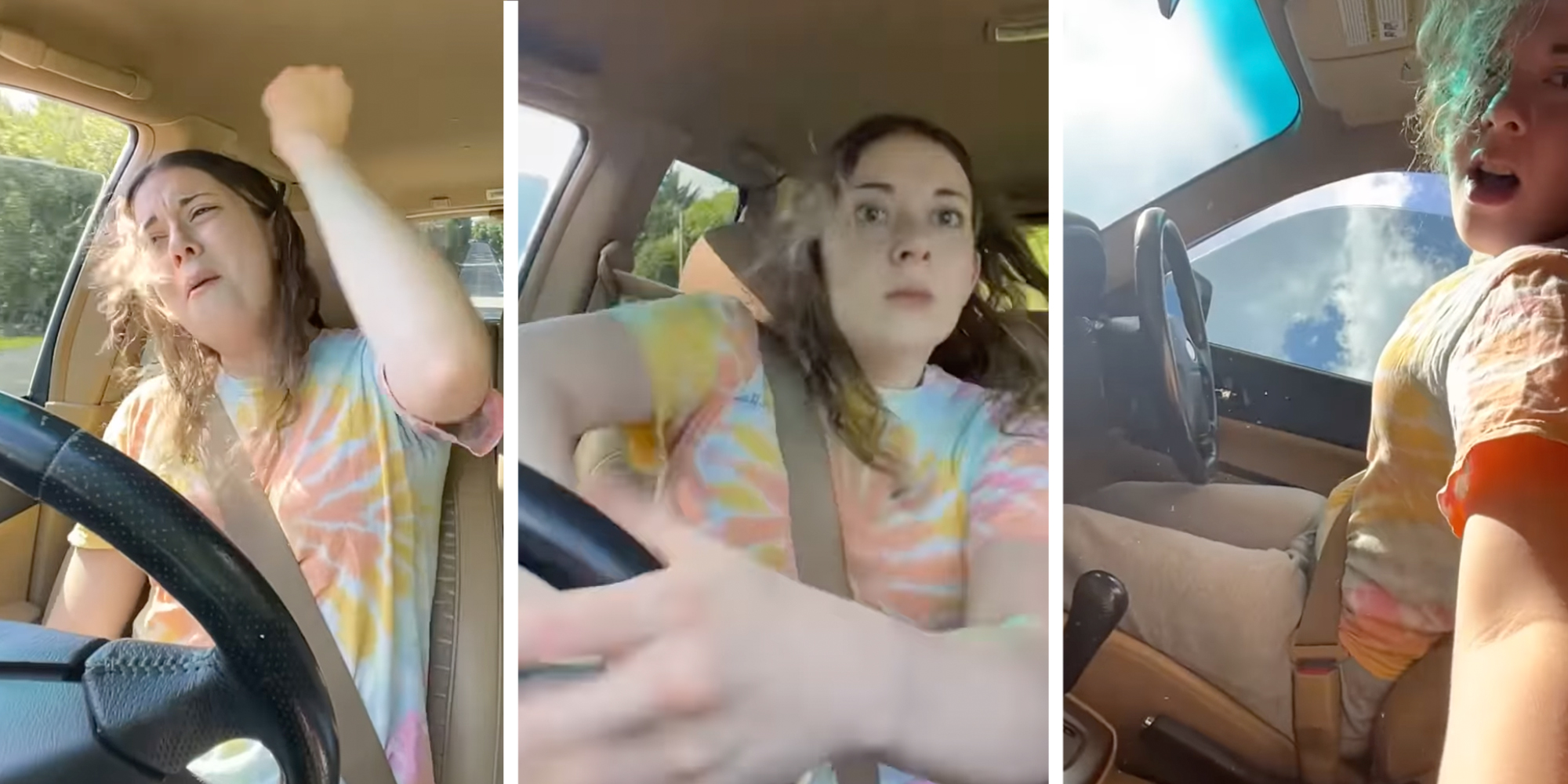 3 panel: Woman driving in car while singing, then flipping the car