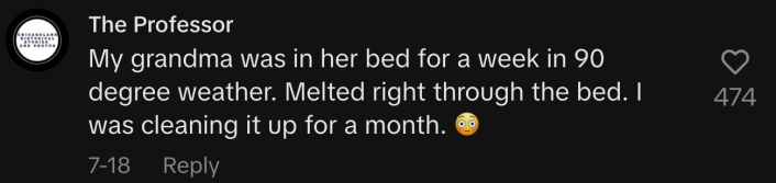 “My grandma was in her bed for a week in 90 degree weather. Melted right through the bed. I was cleaning it up for a month. 😳”