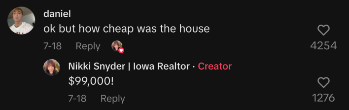 @bigcheddartheassge kept it light and asked, “OK but how cheap was the house?” “$99,000!” Snyder replied.