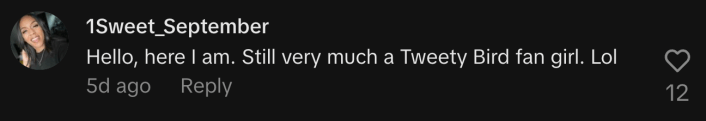 “Hello, here I am. Still very much a Tweety Bird fan girl. Lol.”
