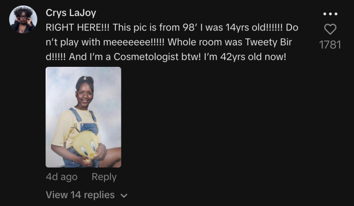 “RIGHT HERE!!! This pic is from 98’ I was 14yrs old!!!!!! Don’t play with meeeeeee!!!!! Whole room was Tweety Bird!!!!! And I’m a Cosmetologist btw! I’m 42yrs old now!”