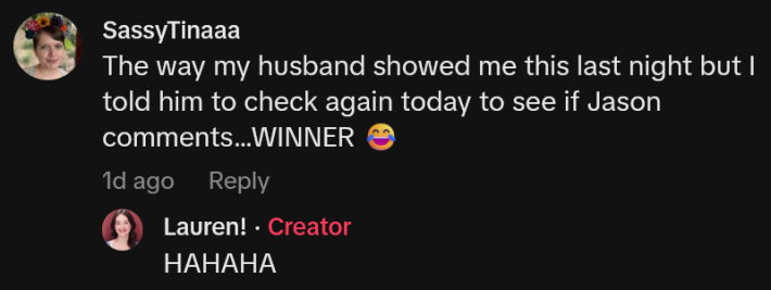 TikTok comments including one reading "The way my husband showed me this last night but I told him to check again today to see if Jason comments…WINNER"