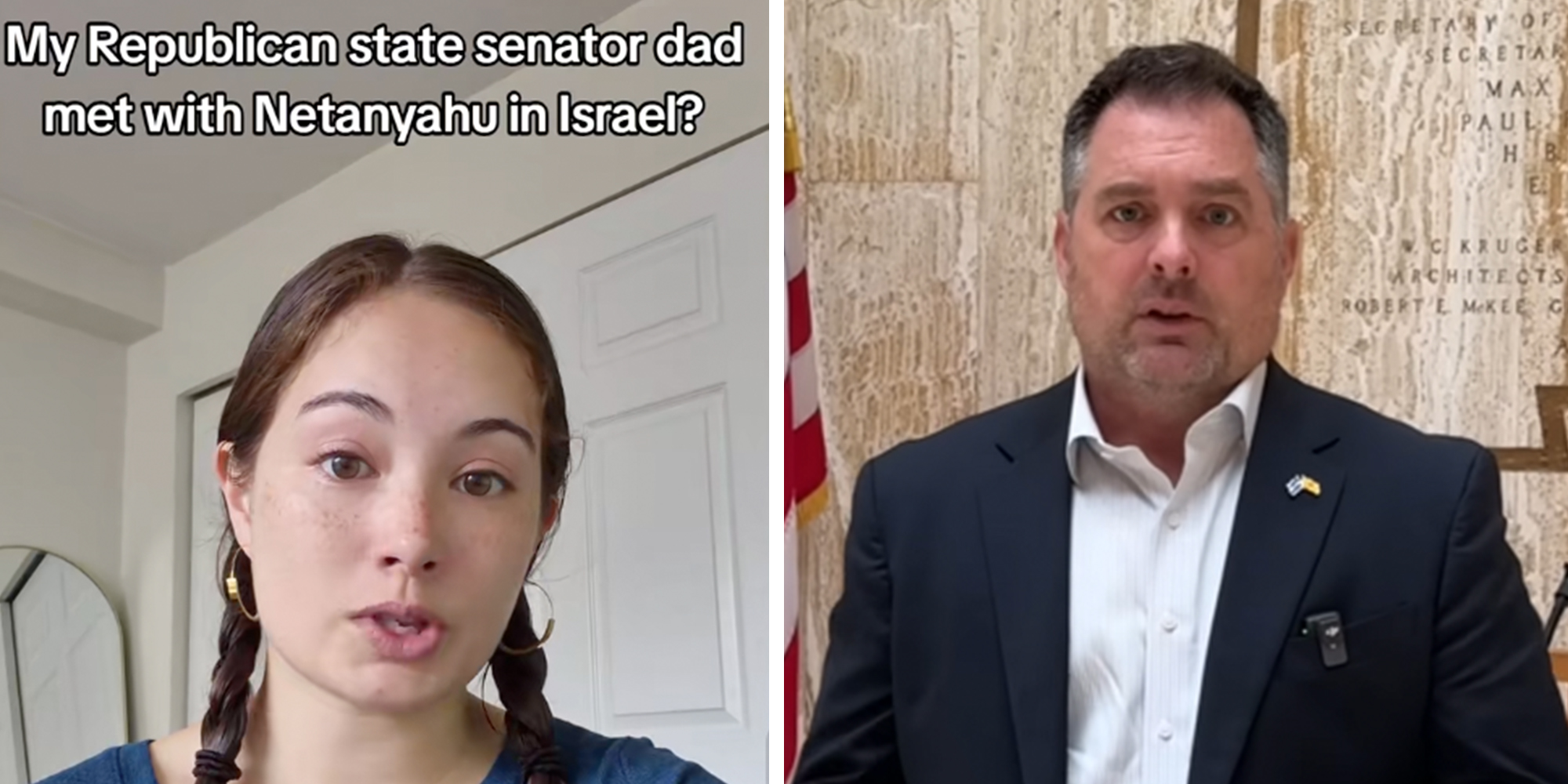 Left: Daughter of New Mexico Senator Jay Block, Maddie Block, in gold hoops and her hair braided. Caption overlay reads, "My Republican state senator dad met with Netanyahu in Israel?" Right: New Mexico Senator Jay Block