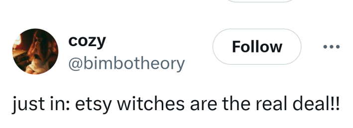 Tweet that reads, "just in: etsy witches are the real deal!!"