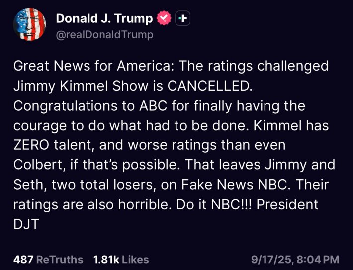 Trump's post on Truth Social about Jimmy Kimmel.