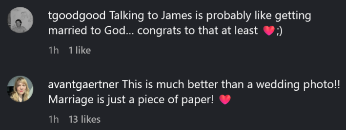 Instagram comments including one reading "This is much better than a wedding photo!! Marriage is just a piece of paper!"